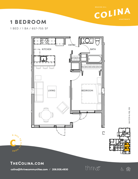Floor plan for 1 bed, 1 bath, 694 sqft